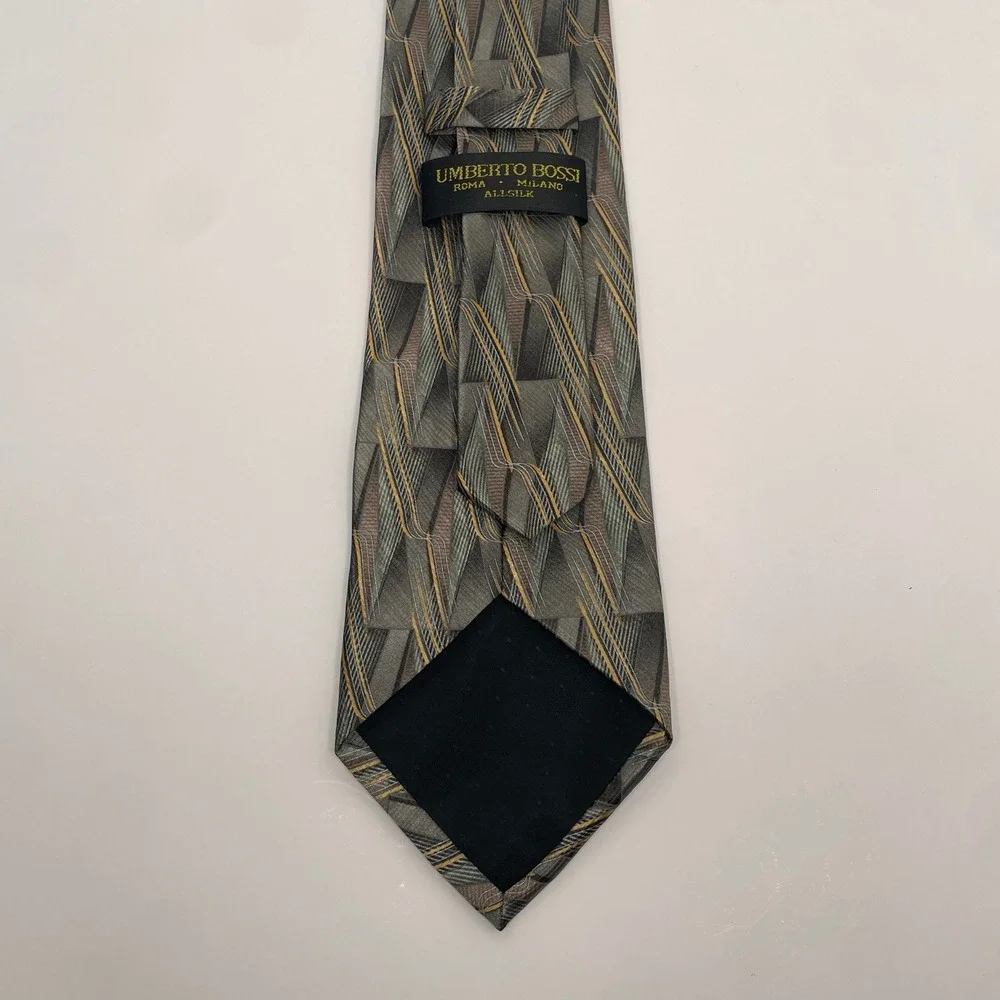 Umberto‎ Bossi Gold Green Brown Men's Necktie Handmade 100% Silk 3.75